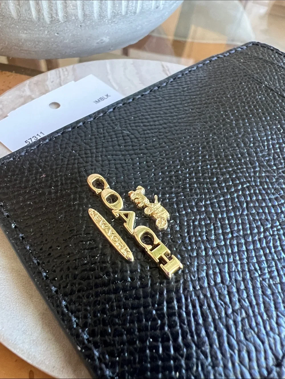 Coach Black Pebbled Leather Lanyard Card Holder with Gold Hardware